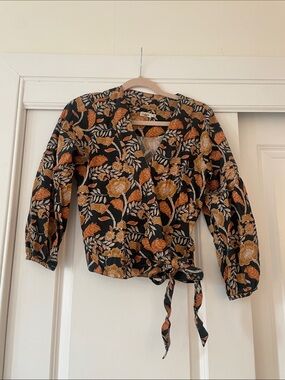 Faherty Black Floral Wrap Top with Mustard & Rust Bloom